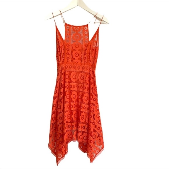 Free People-Just Like Honey Coral Orange Lace Crochet Floral Boho Flowy - Picture 6 of 10